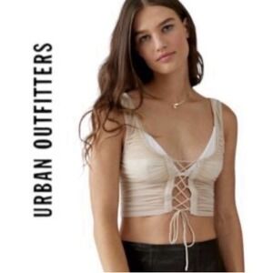 NEW Urban Outfitters Ruched Lace-Up Sheer Mesh Ivory Womens Tank Top SM Festival